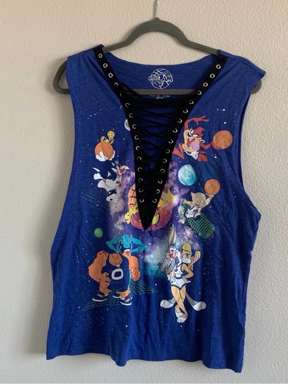 Blue Lace-Up Space Jam Graphic Tank Top